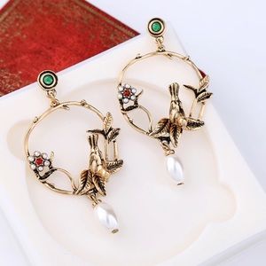 Gold Circle Hoop Drop Bird Branch Pearl Earrings